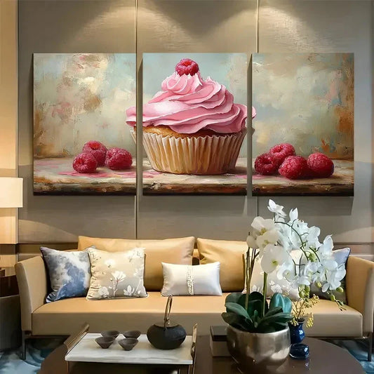 3pcs Pink Cupcake Sweet Treats Kitchen Metal Print Ready to Hang Art