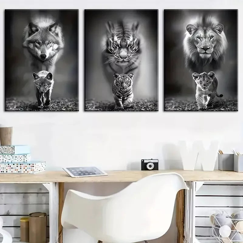 3pcs Black & White Wildlife Wolf, Tiger, Lion Wall Art Set Canvas Framed 40x60cm - High Quality Print 100% Australian Made Wall Canvas Ready to Hang