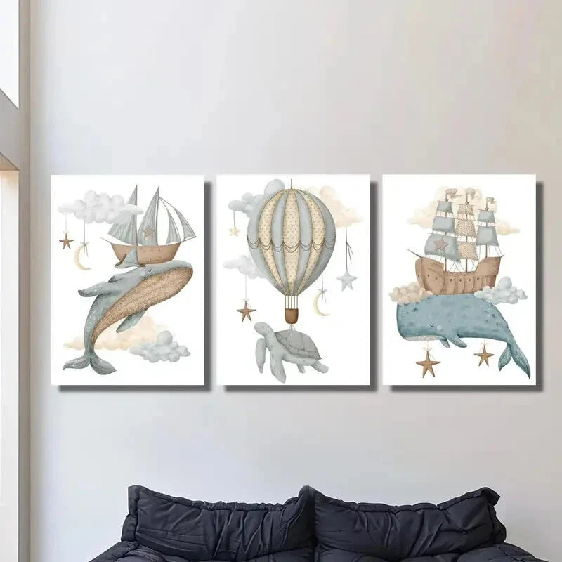 3pcs Flying Whale, Turtle & Sailing Ship with Hot Metal Print Ready to Hang Art