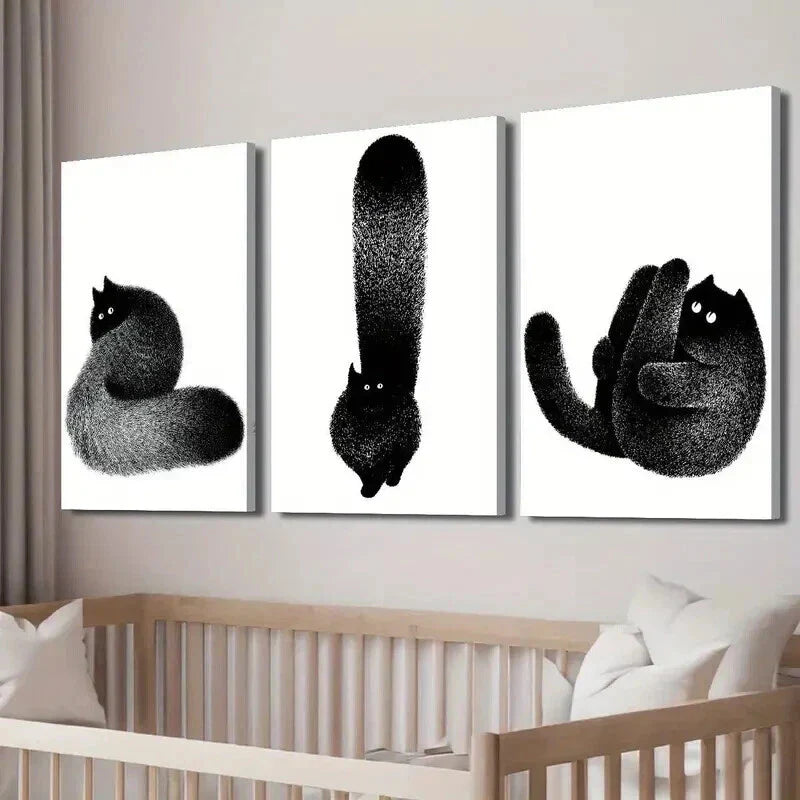 3pcs Black & White Feline Fluffy Black Cat Decor Wall Art Set Canvas Framed 40x60cm - High Quality Print 100% Australian Made Wall Canvas Ready to Hang