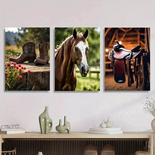 3pcs cowboy boots, horse and saddle, country , Metal Print Ready to Hang Art