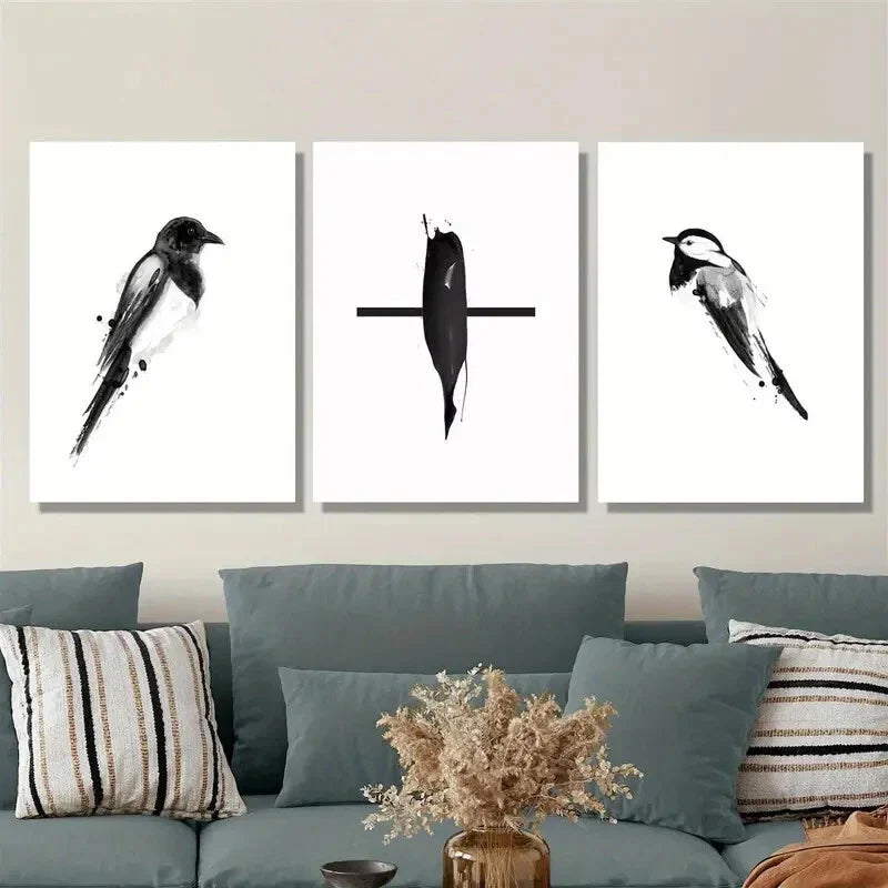 3pcs Black and White Magpie Chinese Pen Bird, Metal Print Ready to Hang Art