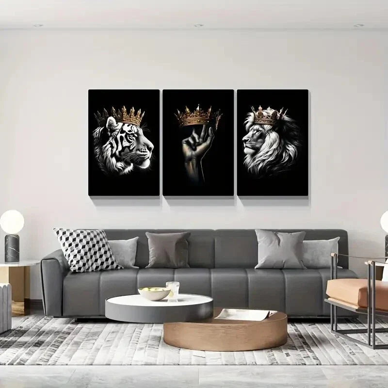 3pcs Crowned Lion and Tiger Decorative Pattern Wall Art Set Canvas Framed 40x60cm - High Quality Print 100% Australian Made Wall Canvas Ready to Hang
