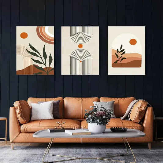 3pcs Abstract Geometric Beige Orange Metal Print Ready to Hang Art