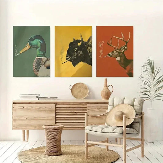 3pcs Duck, Buffalo & Deer Smoking Cigarettes Metal Print Ready to Hang Art