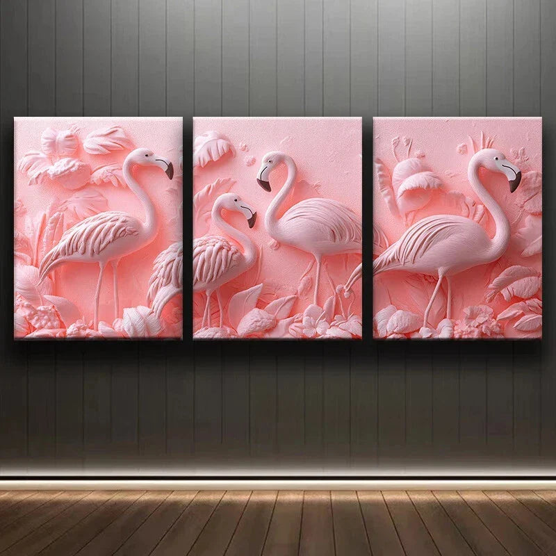 3pcs Pink Themed Flamingo Birds Modern Metal Print Ready to Hang Art