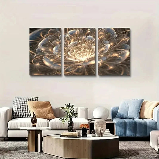 3pcs Golden Lotus Floral Painting Metal Print Ready to Hang Art