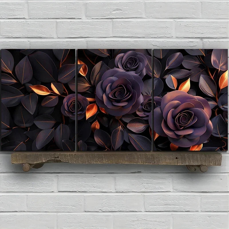 3pcs Purple Roses Golden Leaves Metal Print Ready to Hang Art