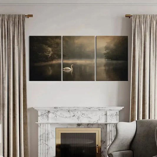 3pcs Mystical Lake Scene with White Swan Metal Print Ready to Hang Art