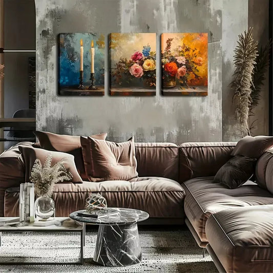 3pcs Picture, Two Slender Candles And Flowers Wall Art Set Canvas Framed 40x60cm - High Quality Print 100% Australian Made Wall Canvas Ready to Hang