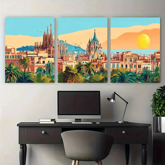 3pcs Vibrant Barcelona Architecture Cityscape Metal Print Ready to Hang Art