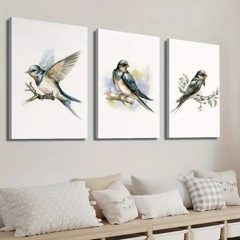 3pcs Bird Illustration on Tree Branch Wall Art Set Canvas Framed 40x60cm - High Quality Print 100% Australian Made Wall Canvas Ready to Hang