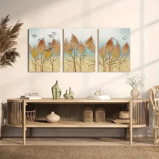 3pcs Golden Leaves and Birds Autumn Landscape Metal Print Ready to Hang Art