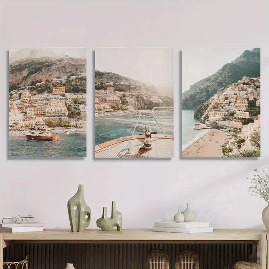 3pcs Italy Coast Beach City Landscape Metal Print Ready to Hang Art