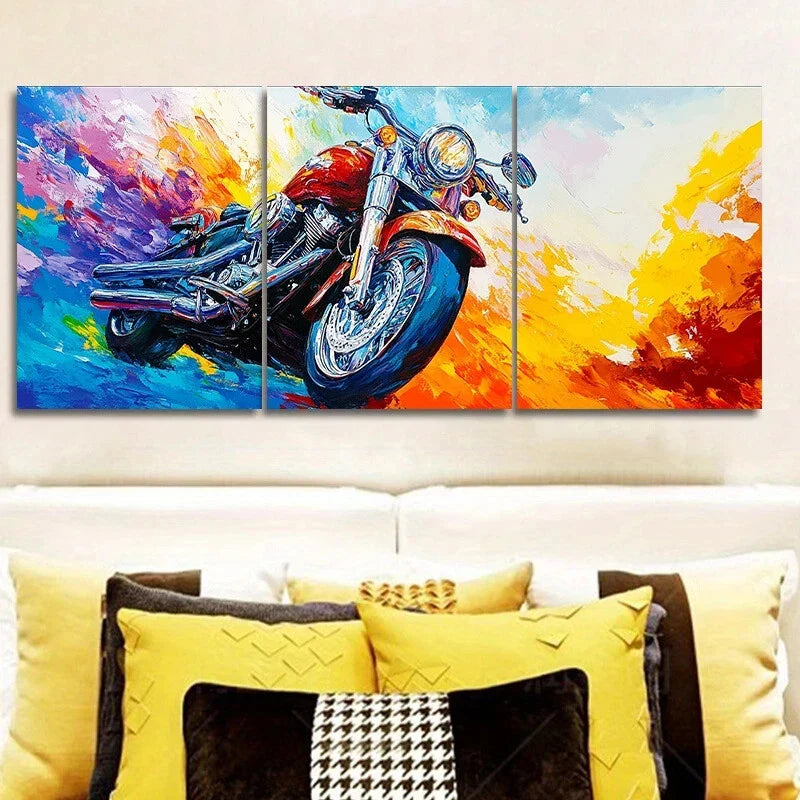 3pcs Colourful Vibrant Motorcycle Oil Painting Metal Print Ready to Hang Art