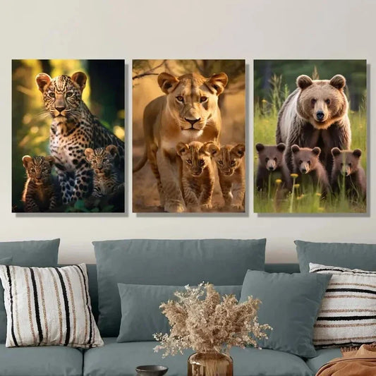 3pcs Leopard, Lioness & Cubs, Grizzly Bear Family Metal Print Ready to Hang Art