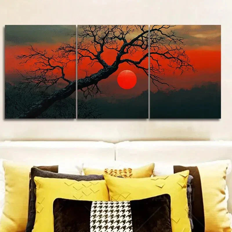 3pcs The Red Sun Tree Art Painting Metal Print Ready to Hang Art
