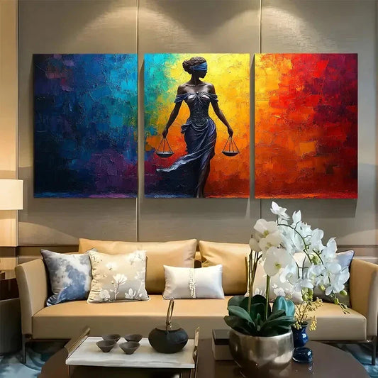 3pcs Lady Justice in Vibrant Background Design Metal Print Ready to Hang Art