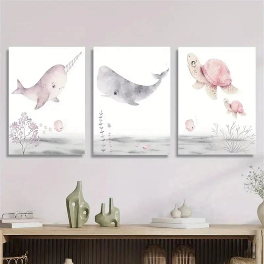3pcs Cartoon Marine Animals Poster Watercolor Metal Print Ready to Hang Art