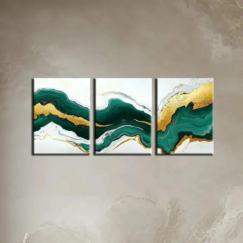 3pcs Abstract Marble Golden & Teal Swirls Metal Print Ready to Hang Art