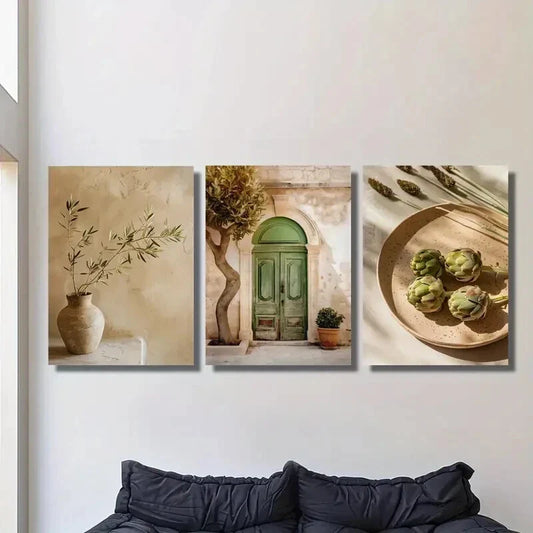 3pcs Italian Vintage Olive Tree & Vase Metal Print Ready to Hang Art
