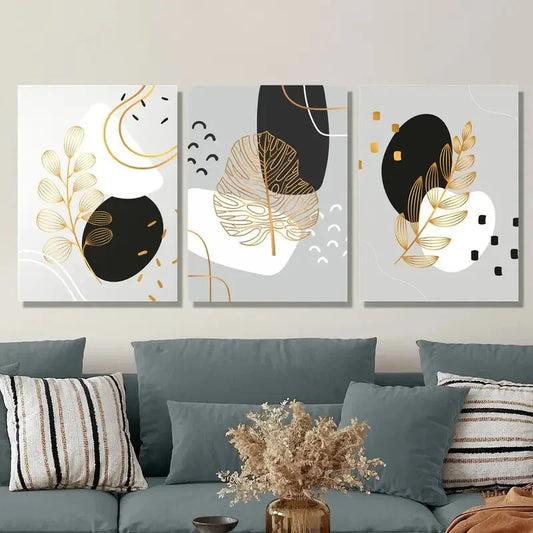 3pcs Minimalist golden leaf art, plant leaf Metal Print Ready to Hang Art