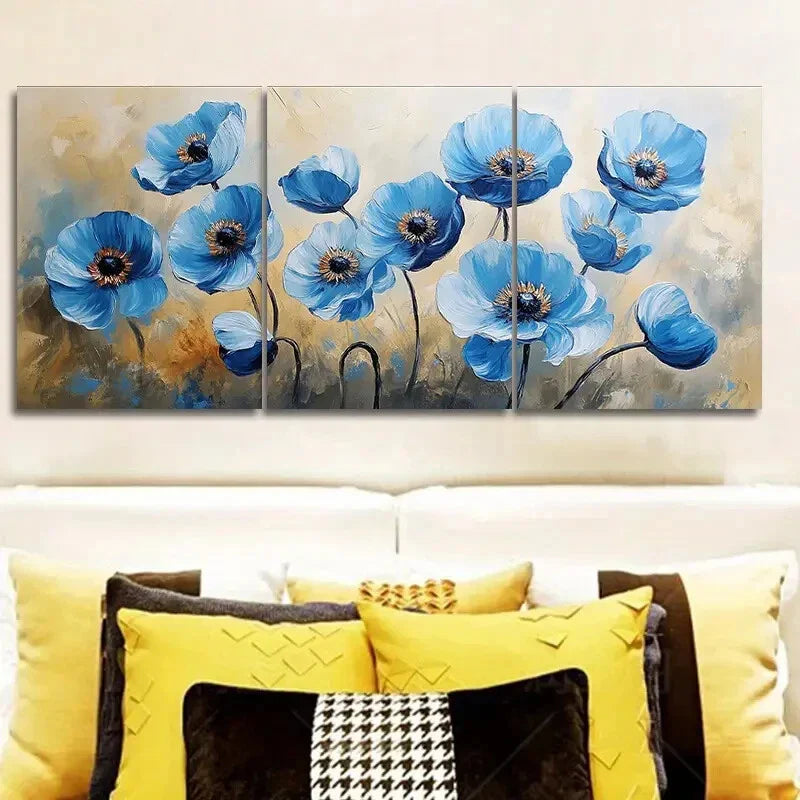 3pcs Abstract Blue Poppies Modern Metal Print Ready to Hang Art