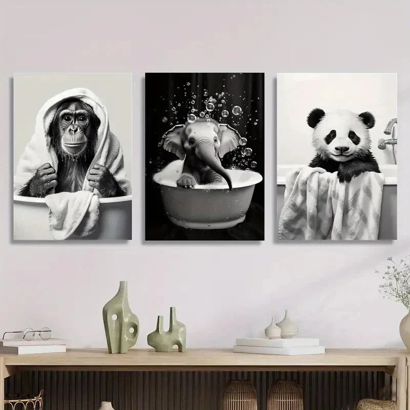3pcs ,Adorable Cartoon Animals Enjoying a Bath Metal Print Ready to Hang Art