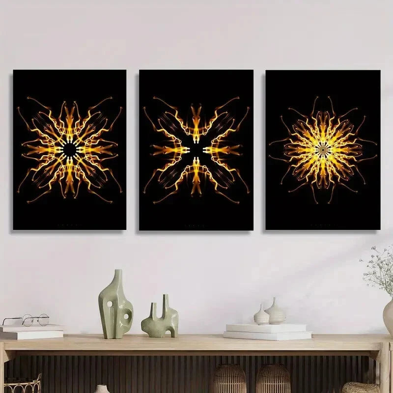 3pcs Abstract psychedelic golden kaleidoscope Metal Print Ready to Hang Art