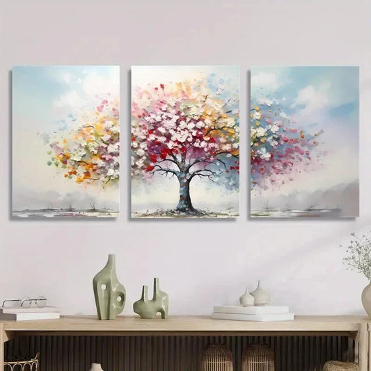3pcs Oil Painting of Blooming Rainbow Tree Metal Print Ready to Hang Art