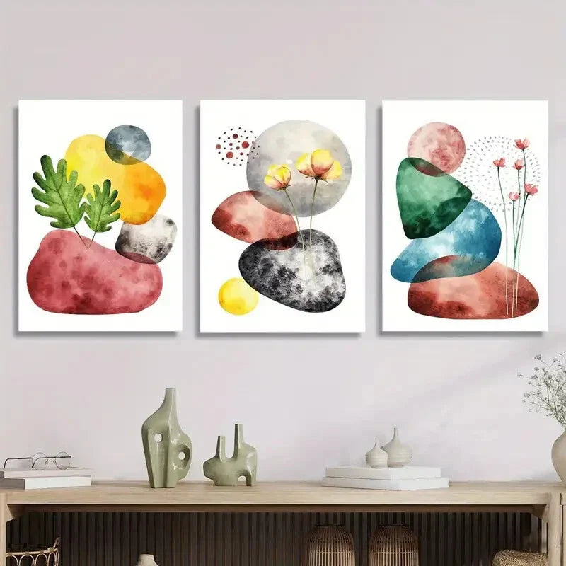 3pcs colorful geometric stones and botanical flower Metal Print Ready to Hang Art