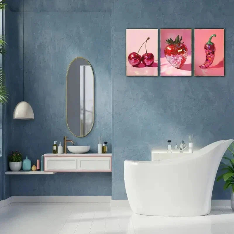 3pcs Tribute to Disco Ball Pepper Cherry Fruit Metal Print Ready to Hang Art