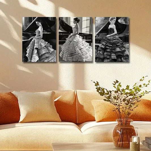3pcs Elegant Women with Piano Design Metal Print Ready to Hang Art