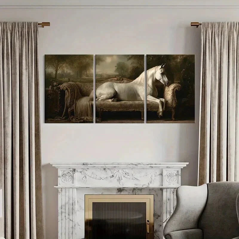 3pcs Elegant Vintage White Horse On Ornate Sofa Metal Print Ready to Hang Art