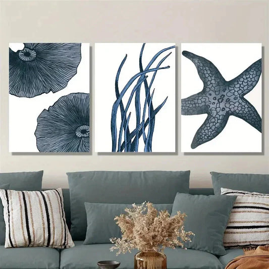 3pcs painting of marine life, watercolor art, Metal Print Ready to Hang Art