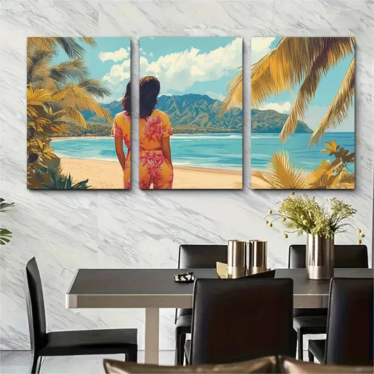 3pcs Hawaii Beach Poster - Tropical Palm Tree Metal Print Ready to Hang Art