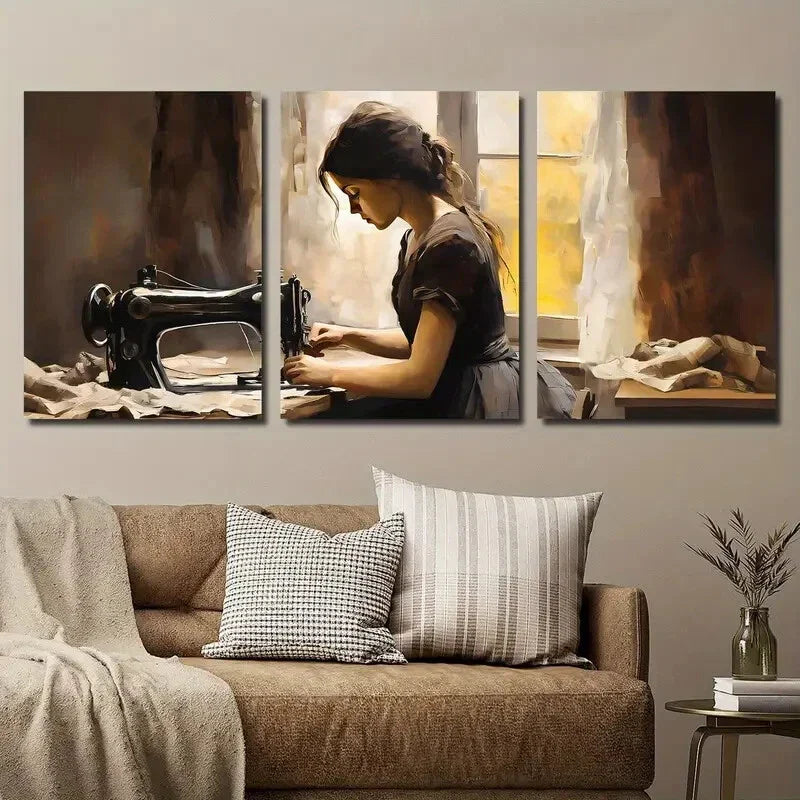 3pcs Young Woman Sewing Vintage Machine Metal Print Ready to Hang Art