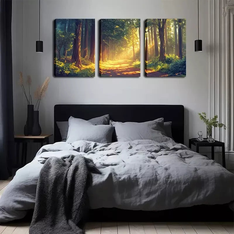 3pcs Sunlight Through The Woods, Wall Art Set Canvas Framed 40x60cm - High Quality Print 100% Australian Made Wall Canvas Ready to Hang