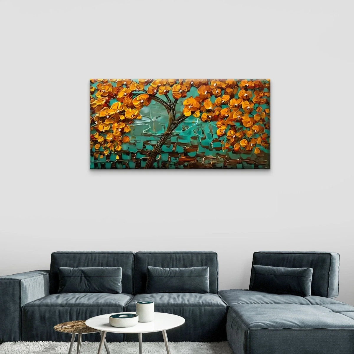 Orange Leaf Tree Abstract Wall Art Canvas Office Home Room Framed 80x45cm