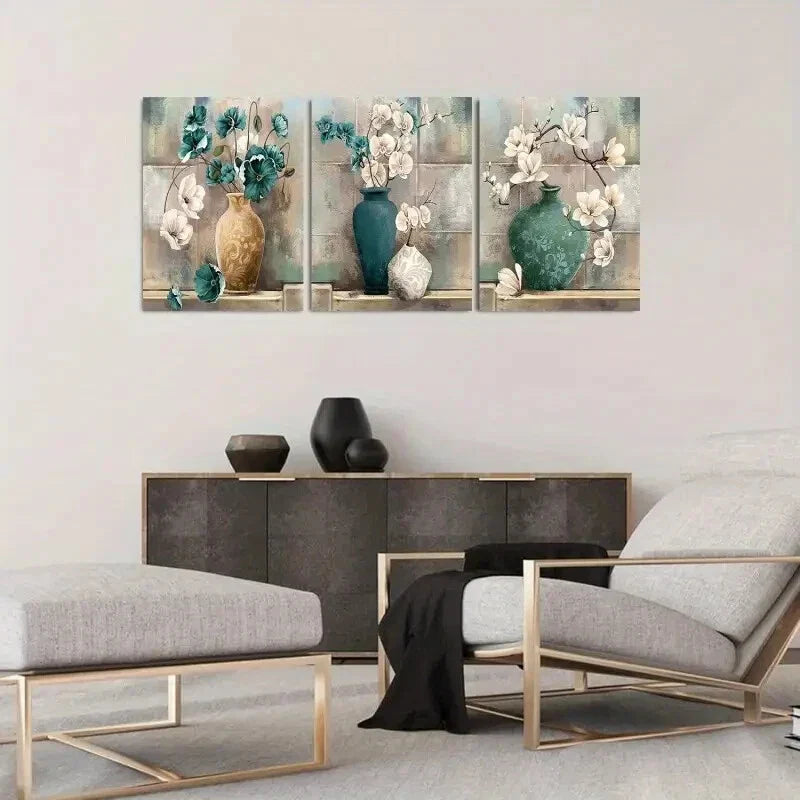 3pcs Magnolia & Orchid with Elegant Vase Metal Print Ready to Hang Art