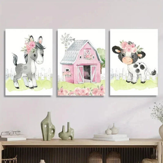 3pcs Cartoon Animals in Nature,, Metal Print Ready to Hang Art