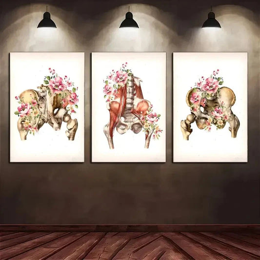 3pcs Skeleton and Flowers Portrait Anatomy Prints Metal Print Ready to Hang Art
