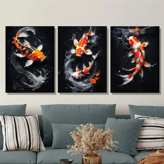 3pcs Koi Fish In Dark Background Metal Print Ready to Hang Art