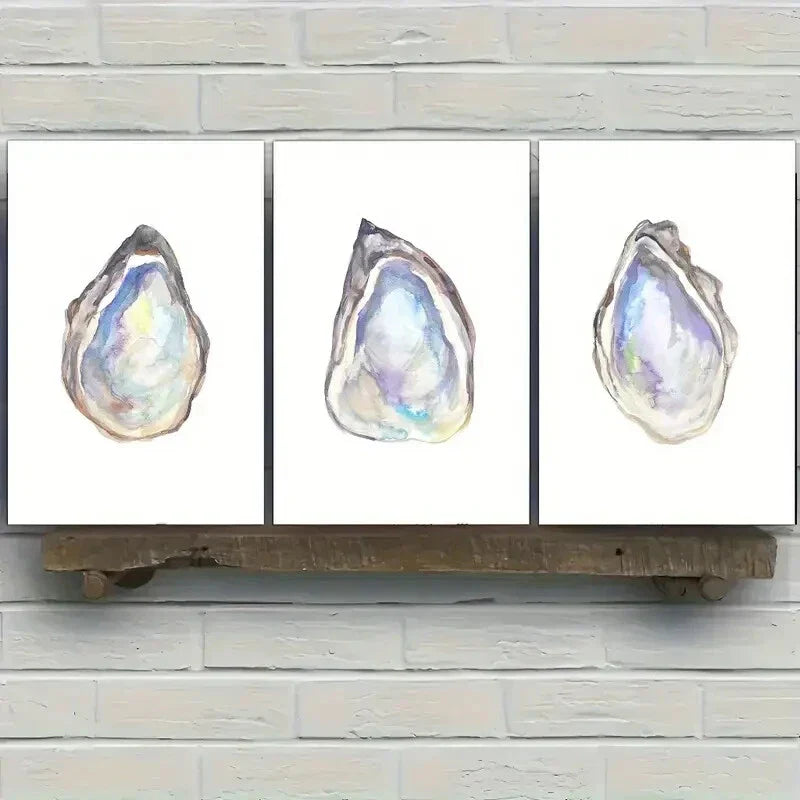 3pcs Featuring an Oyster Print in a Watercolor Metal Print Ready to Hang Art