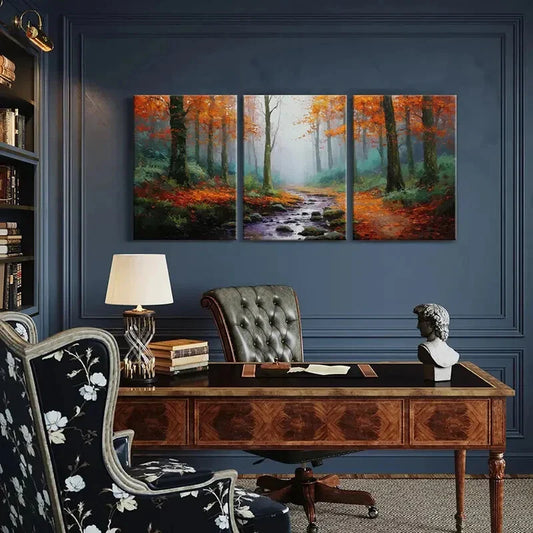 3pcs Autumn Forest Stream Landscape Warm Colors Metal Print Ready to Hang Art