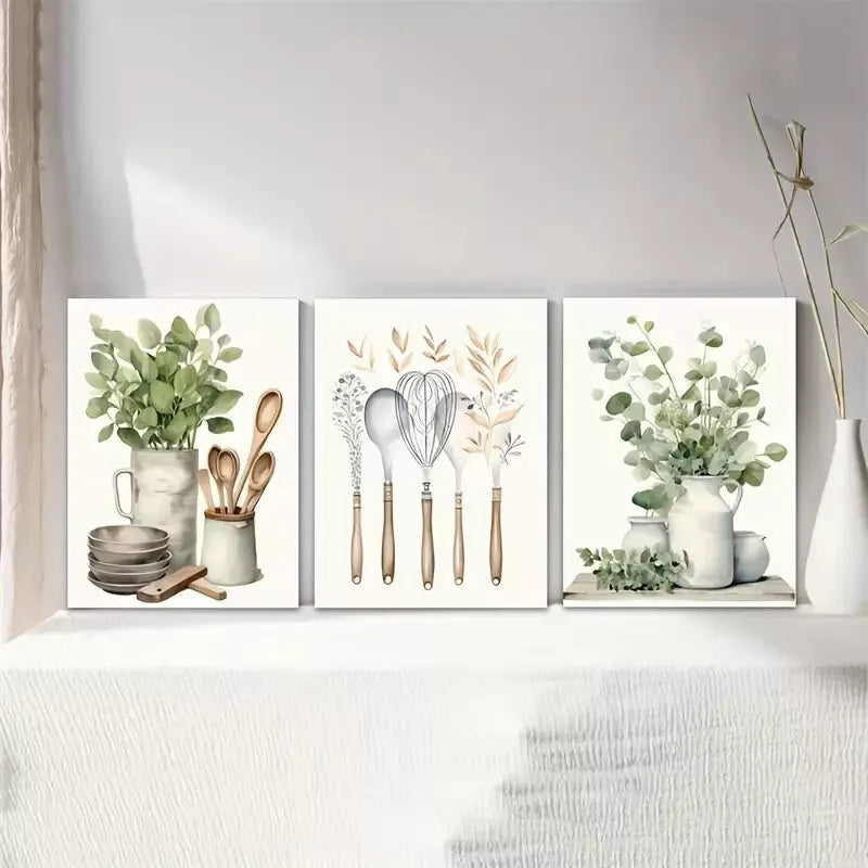 3pcs Kitchen Green Spice Oil Painting Canvas Framed 40x60cm - High Quality Print 100% Australian Made Wall Canvas Ready to Hang