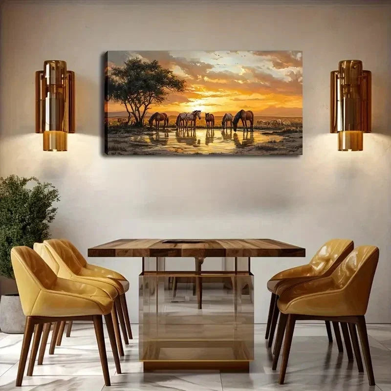 Waterfront Horses Orange Sky Wall Art Canvas Office Home Room Framed 120x60cm