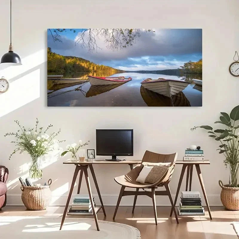 Serene Lake & Boats Decor Wall Art Canvas Office Home Room Framed 80x45cm
