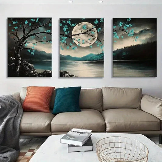 3pcs Lake And Tree Silhouettes Blue And Black Metal Print Ready to Hang Art