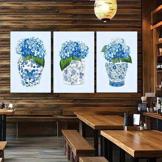 3pcs Blue And White Porcelain Poster Floral Art Metal Print Ready to Hang Art